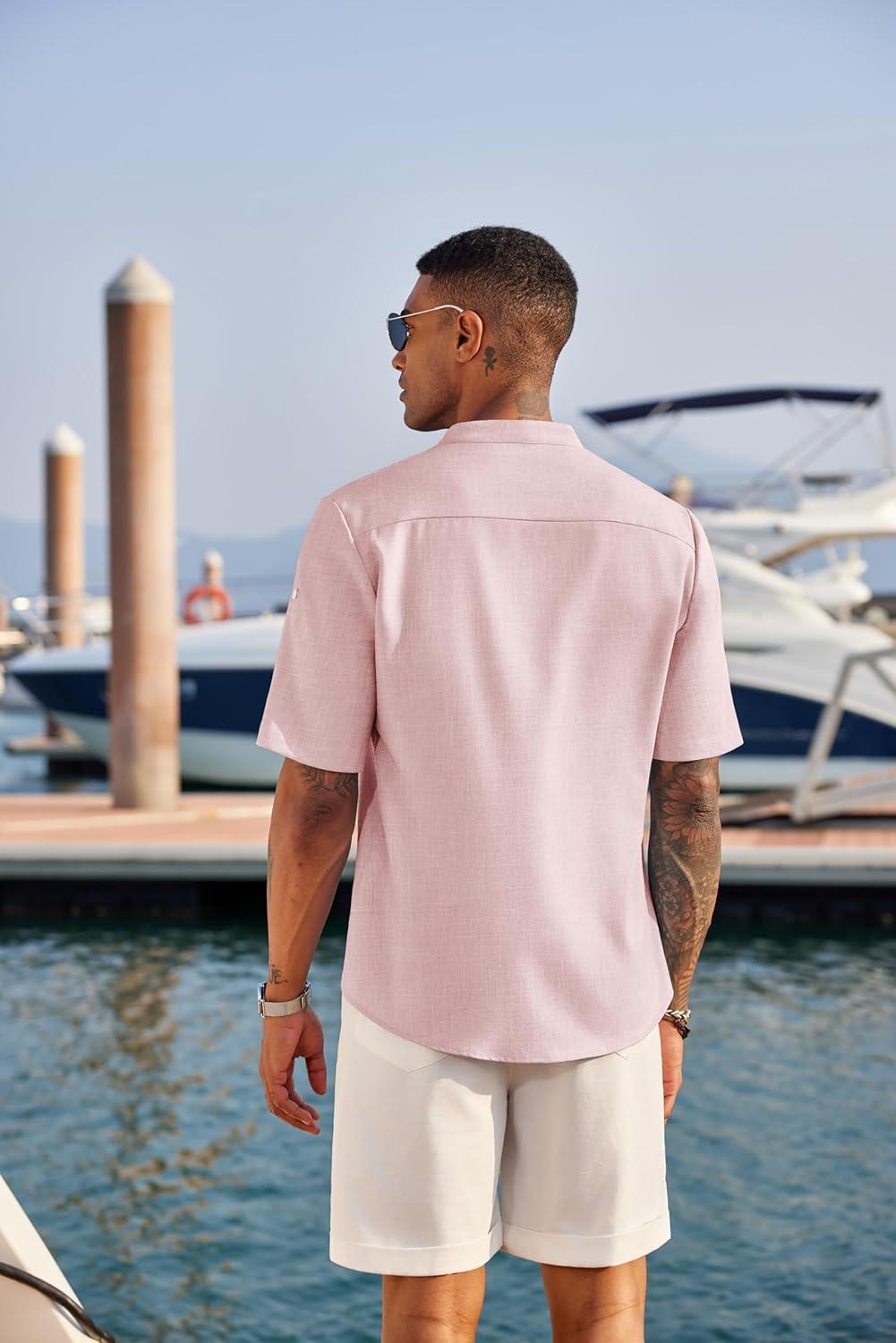 imageCOOFANDY Mens Casual Henley Shirt Band Collar Short Sleeve Shirt Summer Beach Hippie TShirtPink