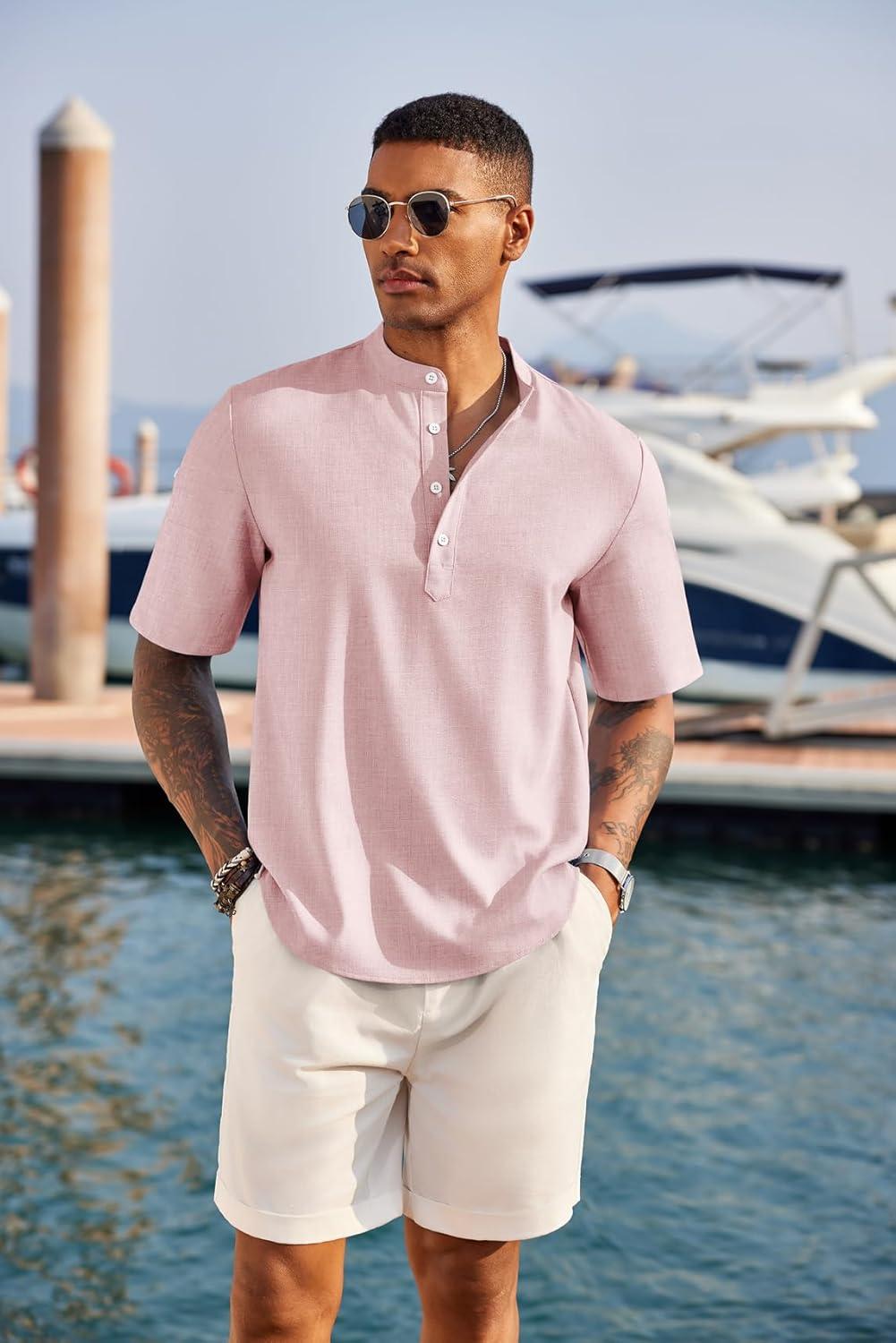 imageCOOFANDY Mens Casual Henley Shirt Band Collar Short Sleeve Shirt Summer Beach Hippie TShirtPink