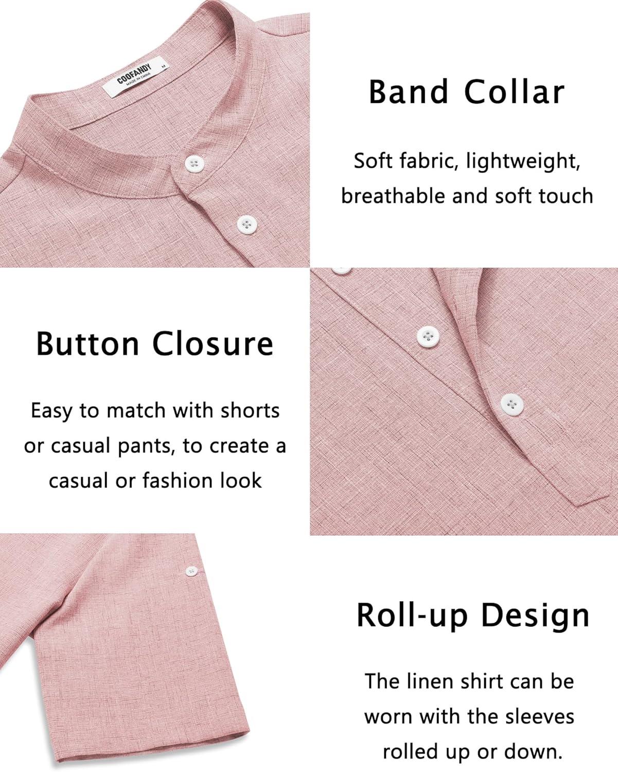 imageCOOFANDY Mens Casual Henley Shirt Band Collar Short Sleeve Shirt Summer Beach Hippie TShirtPink