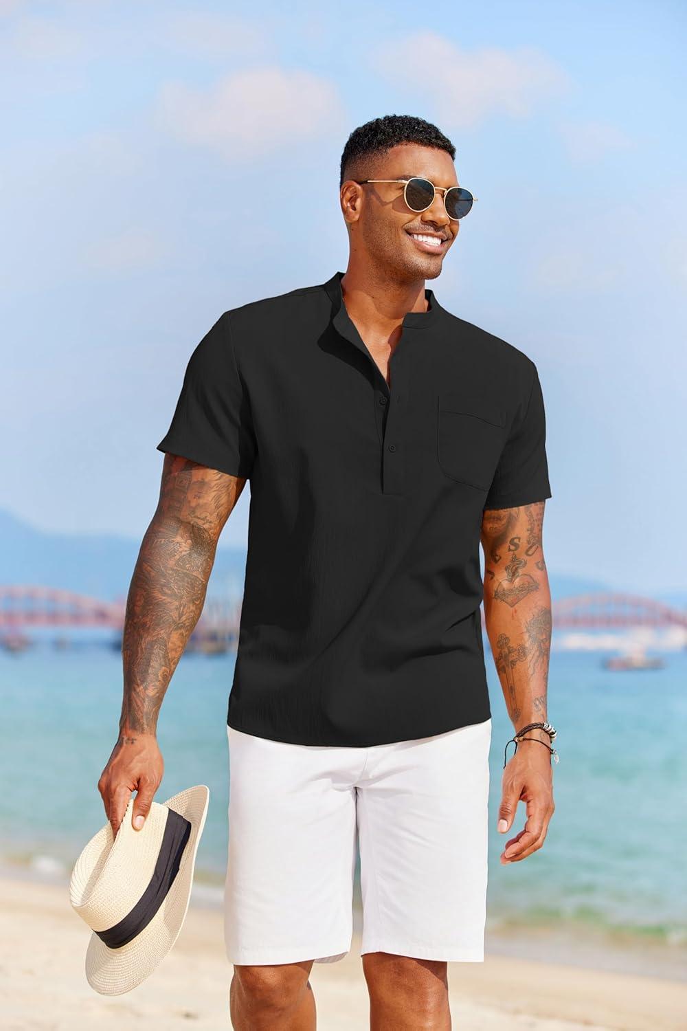 imageCOOFANDY Mens Casual Henley Shirt Short Sleeve Summer Beach Band Collar Shirt Hippie Henley TShirts with PocketBlack