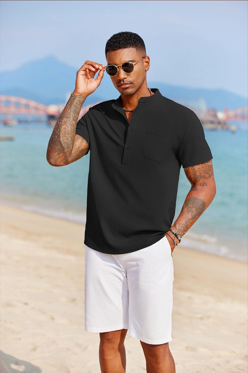 imageCOOFANDY Mens Casual Henley Shirt Short Sleeve Summer Beach Band Collar Shirt Hippie Henley TShirts with PocketBlack