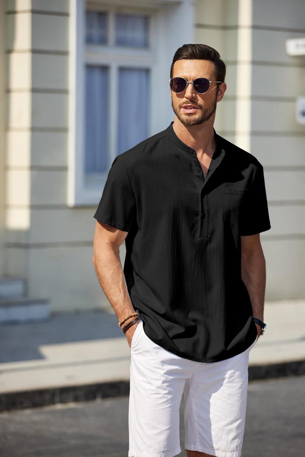 imageCOOFANDY Mens Casual Henley Shirt Short Sleeve Summer Beach Band Collar Shirt Hippie Henley TShirts with PocketBlack