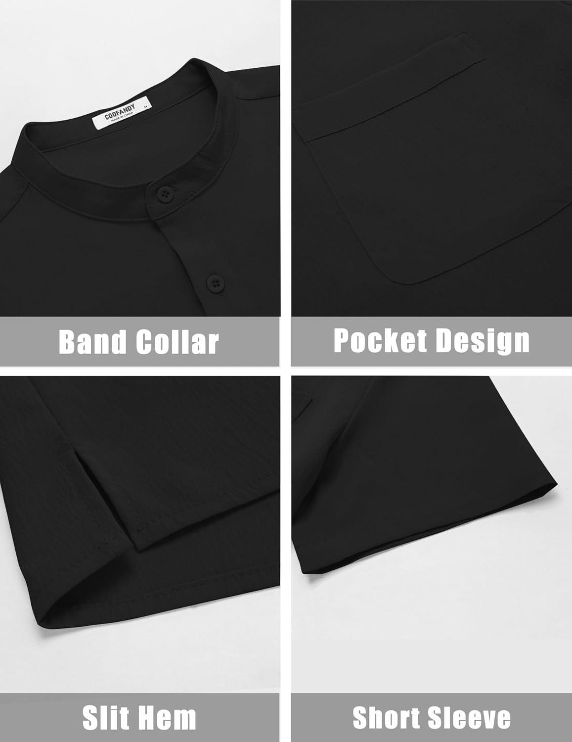 imageCOOFANDY Mens Casual Henley Shirt Short Sleeve Summer Beach Band Collar Shirt Hippie Henley TShirts with PocketBlack