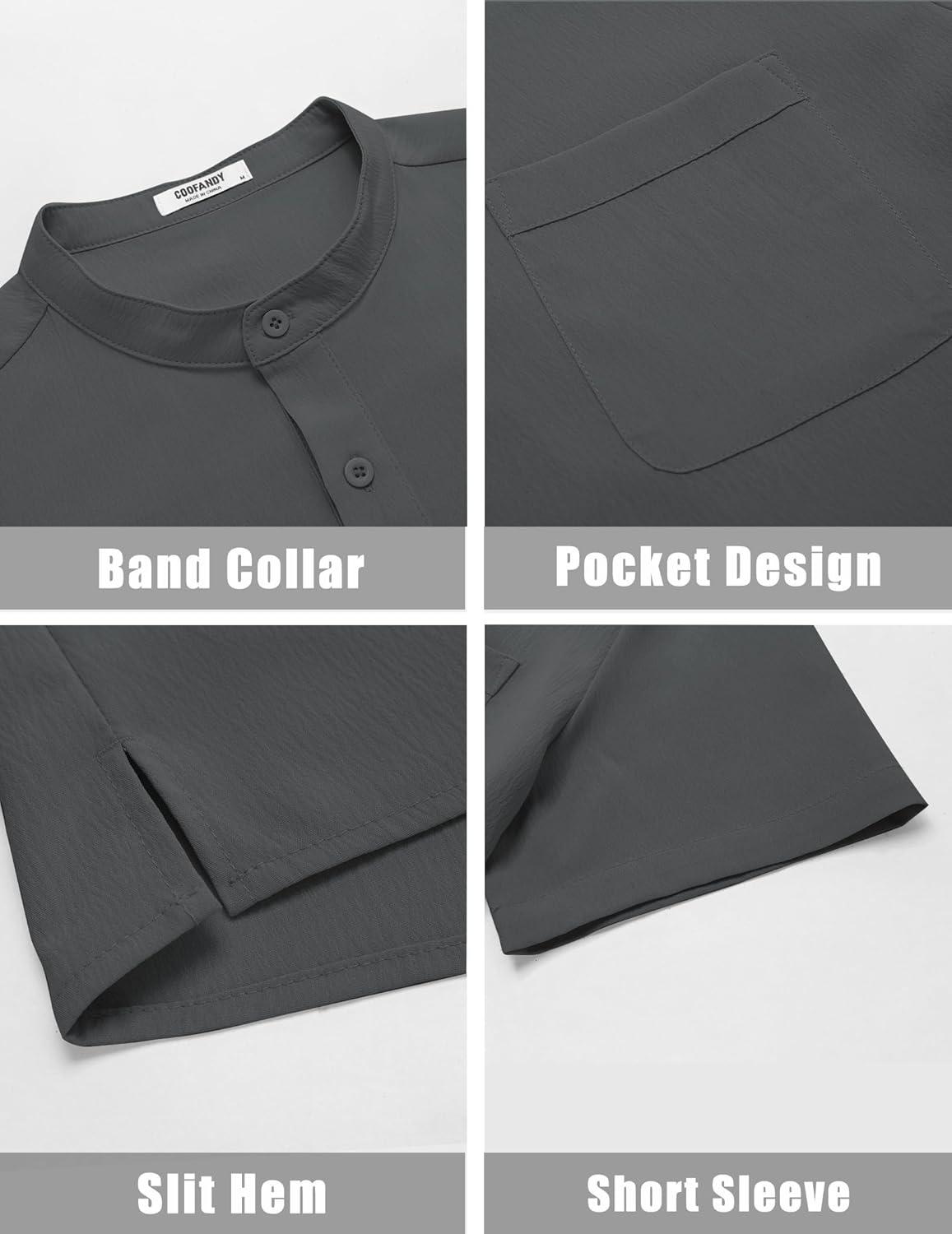 imageCOOFANDY Mens Casual Henley Shirt Short Sleeve Summer Beach Band Collar Shirt Hippie Henley TShirts with PocketDark Grey