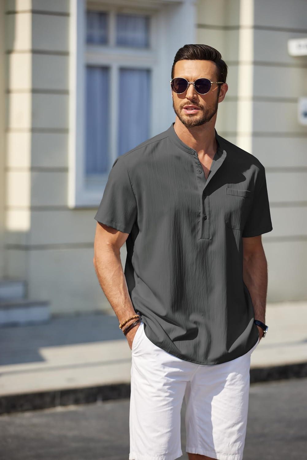 imageCOOFANDY Mens Casual Henley Shirt Short Sleeve Summer Beach Band Collar Shirt Hippie Henley TShirts with PocketDark Grey