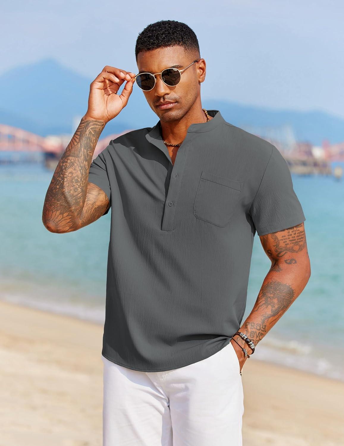 imageCOOFANDY Mens Casual Henley Shirt Short Sleeve Summer Beach Band Collar Shirt Hippie Henley TShirts with PocketDark Grey