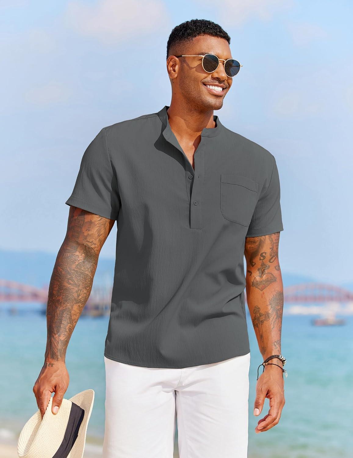 imageCOOFANDY Mens Casual Henley Shirt Short Sleeve Summer Beach Band Collar Shirt Hippie Henley TShirts with PocketDark Grey