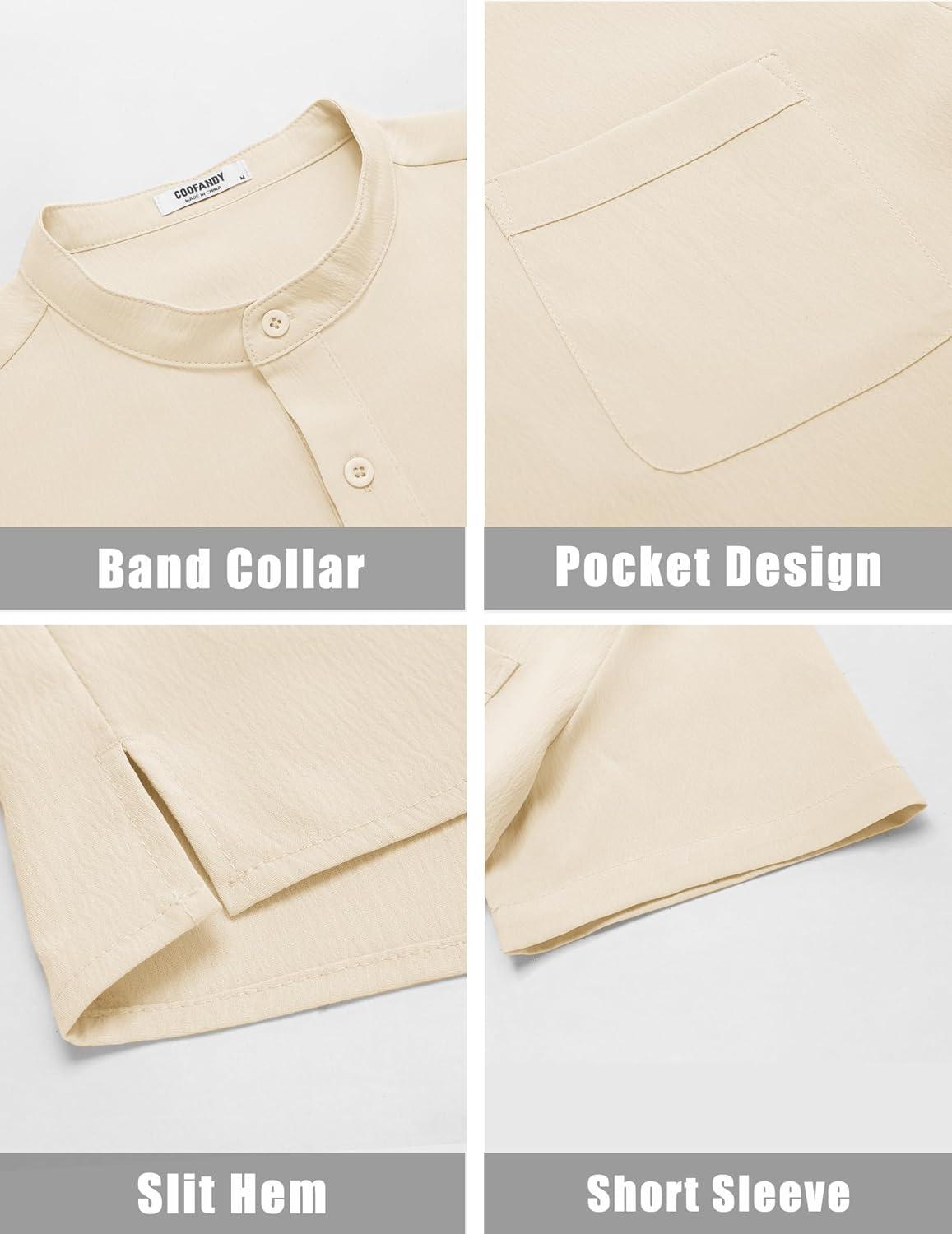 imageCOOFANDY Mens Casual Henley Shirt Short Sleeve Summer Beach Band Collar Shirt Hippie Henley TShirts with PocketKhaki