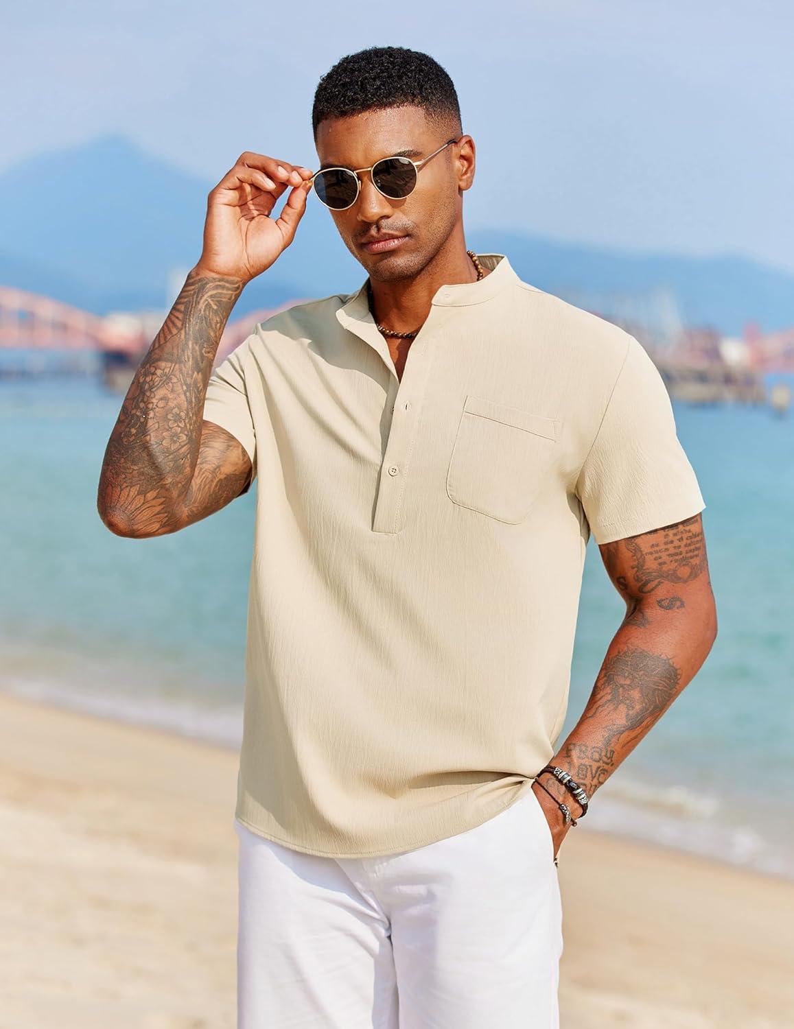 imageCOOFANDY Mens Casual Henley Shirt Short Sleeve Summer Beach Band Collar Shirt Hippie Henley TShirts with PocketKhaki