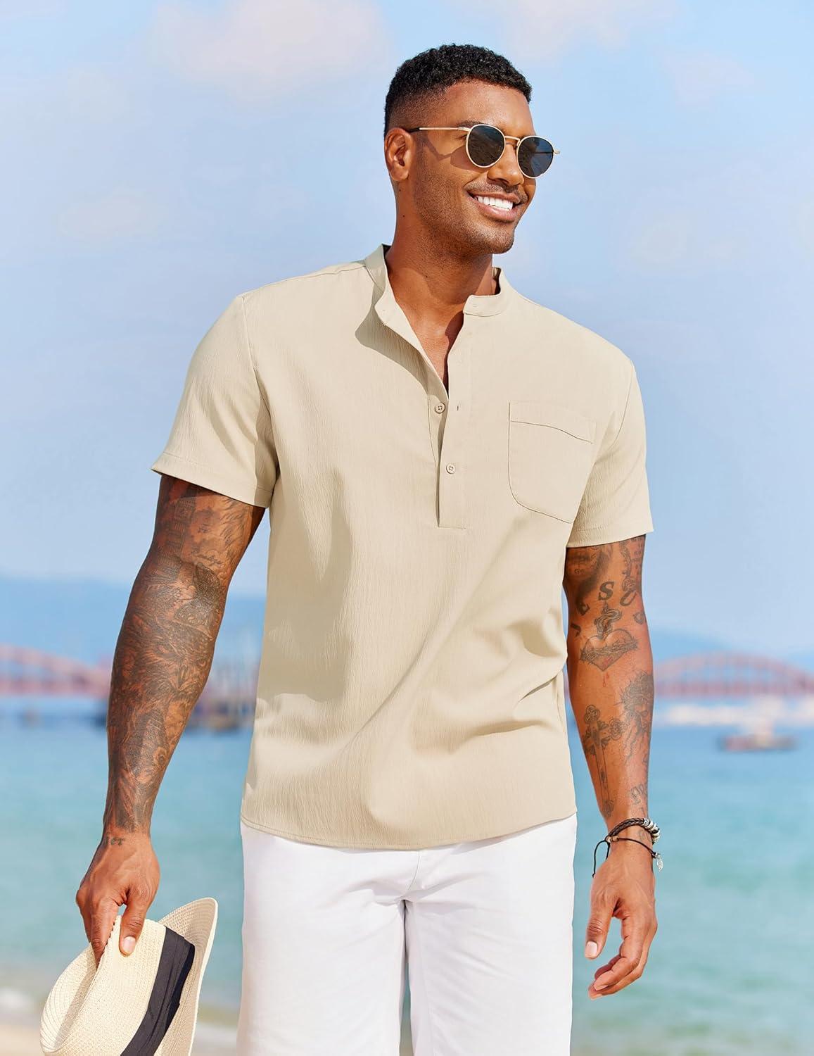 imageCOOFANDY Mens Casual Henley Shirt Short Sleeve Summer Beach Band Collar Shirt Hippie Henley TShirts with PocketKhaki