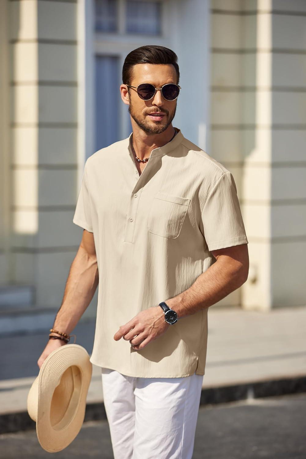 imageCOOFANDY Mens Casual Henley Shirt Short Sleeve Summer Beach Band Collar Shirt Hippie Henley TShirts with PocketKhaki