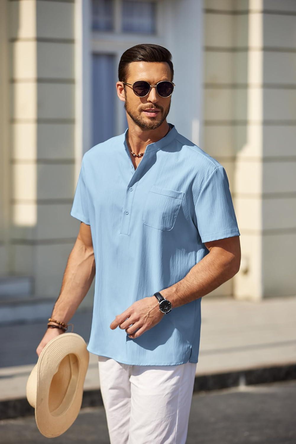 imageCOOFANDY Mens Casual Henley Shirt Short Sleeve Summer Beach Band Collar Shirt Hippie Henley TShirts with PocketLight Blue