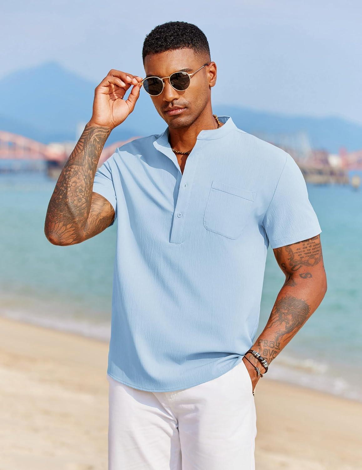 imageCOOFANDY Mens Casual Henley Shirt Short Sleeve Summer Beach Band Collar Shirt Hippie Henley TShirts with PocketLight Blue