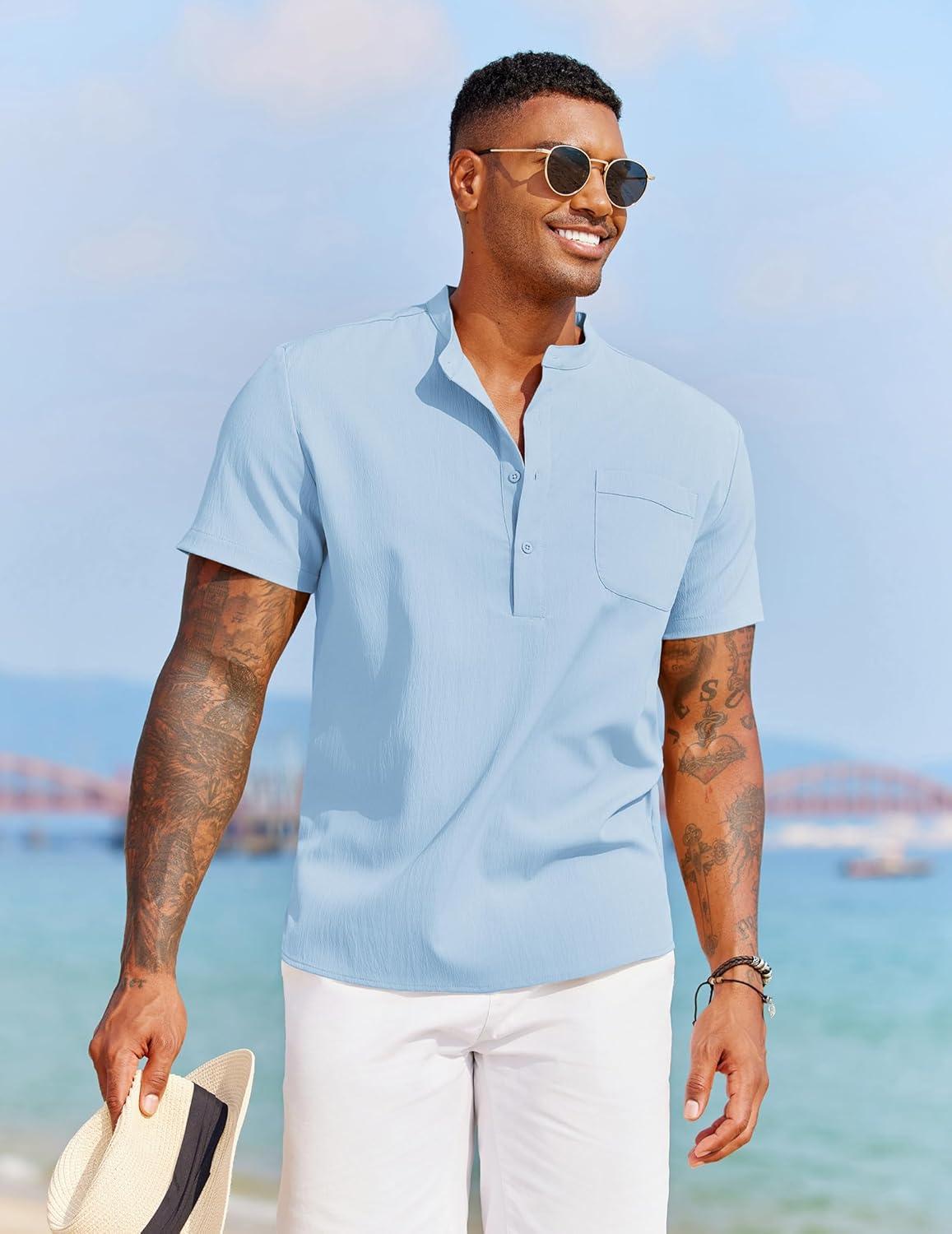 imageCOOFANDY Mens Casual Henley Shirt Short Sleeve Summer Beach Band Collar Shirt Hippie Henley TShirts with PocketLight Blue