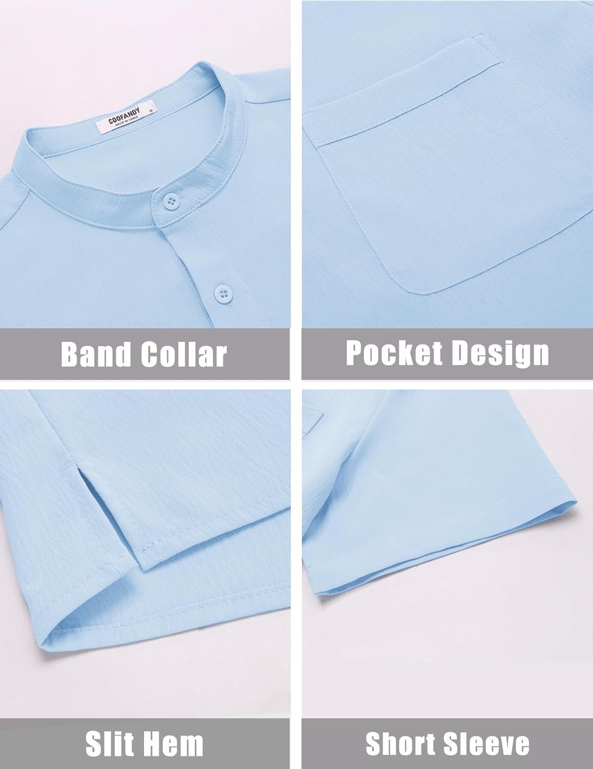 imageCOOFANDY Mens Casual Henley Shirt Short Sleeve Summer Beach Band Collar Shirt Hippie Henley TShirts with PocketLight Blue
