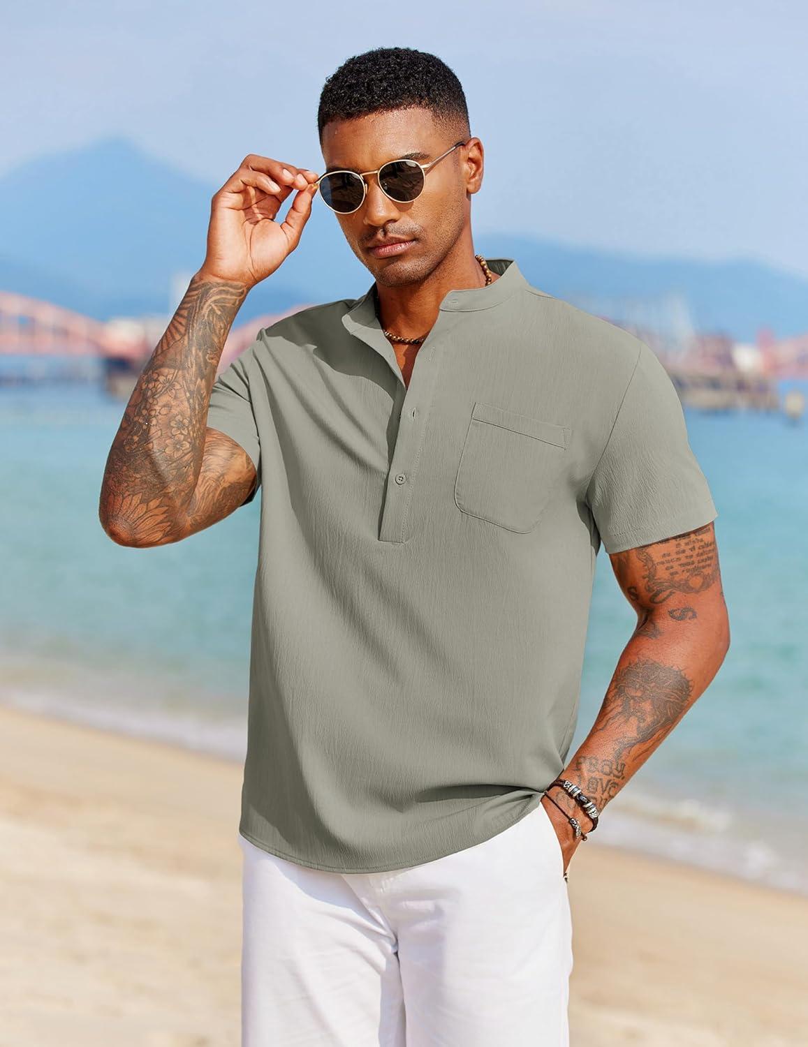 imageCOOFANDY Mens Casual Henley Shirt Short Sleeve Summer Beach Band Collar Shirt Hippie Henley TShirts with PocketLight Grey