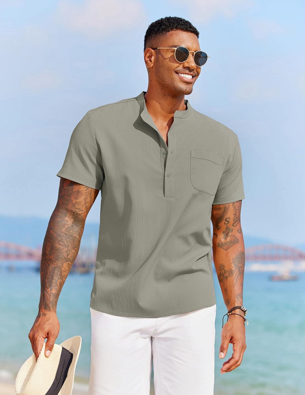 imageCOOFANDY Mens Casual Henley Shirt Short Sleeve Summer Beach Band Collar Shirt Hippie Henley TShirts with PocketLight Grey