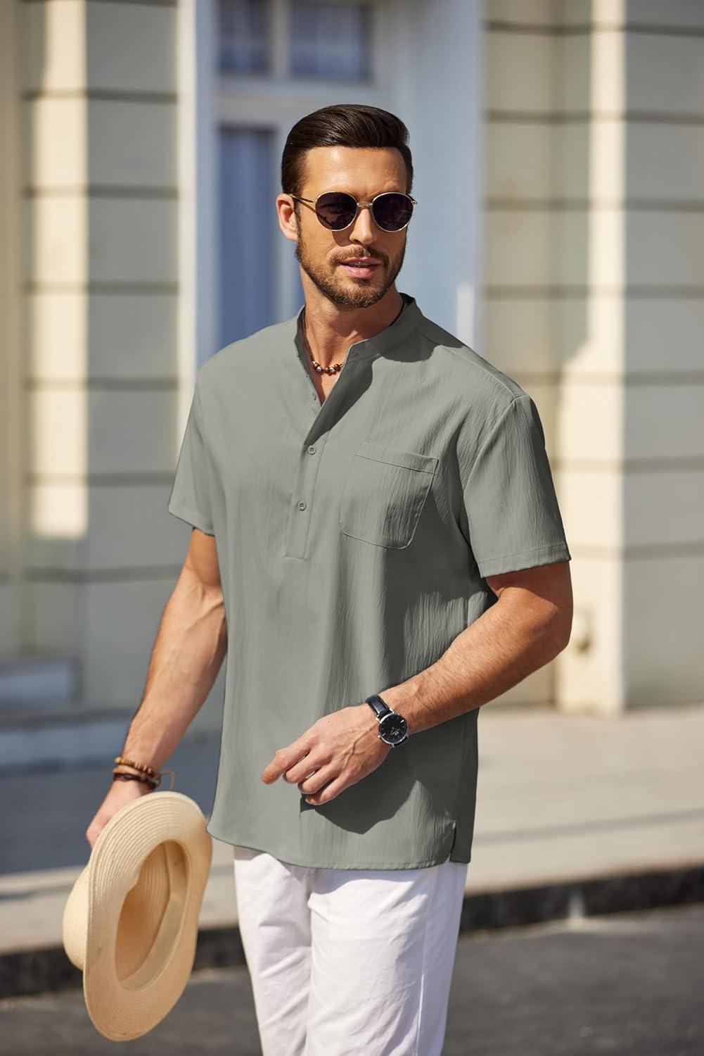 imageCOOFANDY Mens Casual Henley Shirt Short Sleeve Summer Beach Band Collar Shirt Hippie Henley TShirts with PocketLight Grey