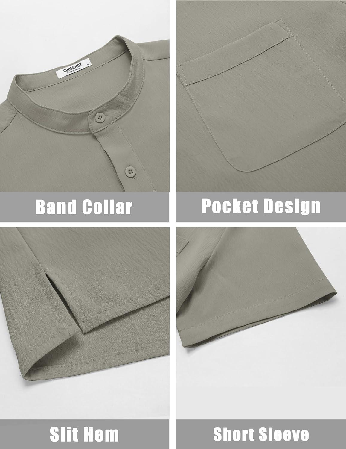imageCOOFANDY Mens Casual Henley Shirt Short Sleeve Summer Beach Band Collar Shirt Hippie Henley TShirts with PocketLight Grey