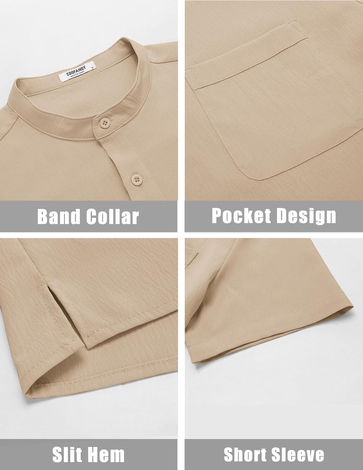 imageCOOFANDY Mens Casual Henley Shirt Short Sleeve Summer Beach Band Collar Shirt Hippie Henley TShirts with PocketMoon Grey