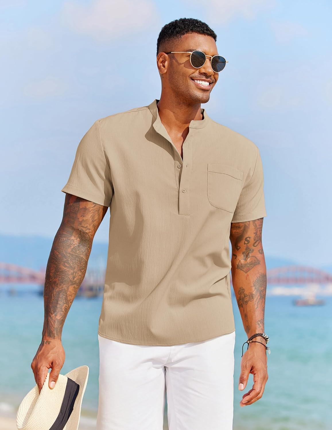 imageCOOFANDY Mens Casual Henley Shirt Short Sleeve Summer Beach Band Collar Shirt Hippie Henley TShirts with PocketMoon Grey