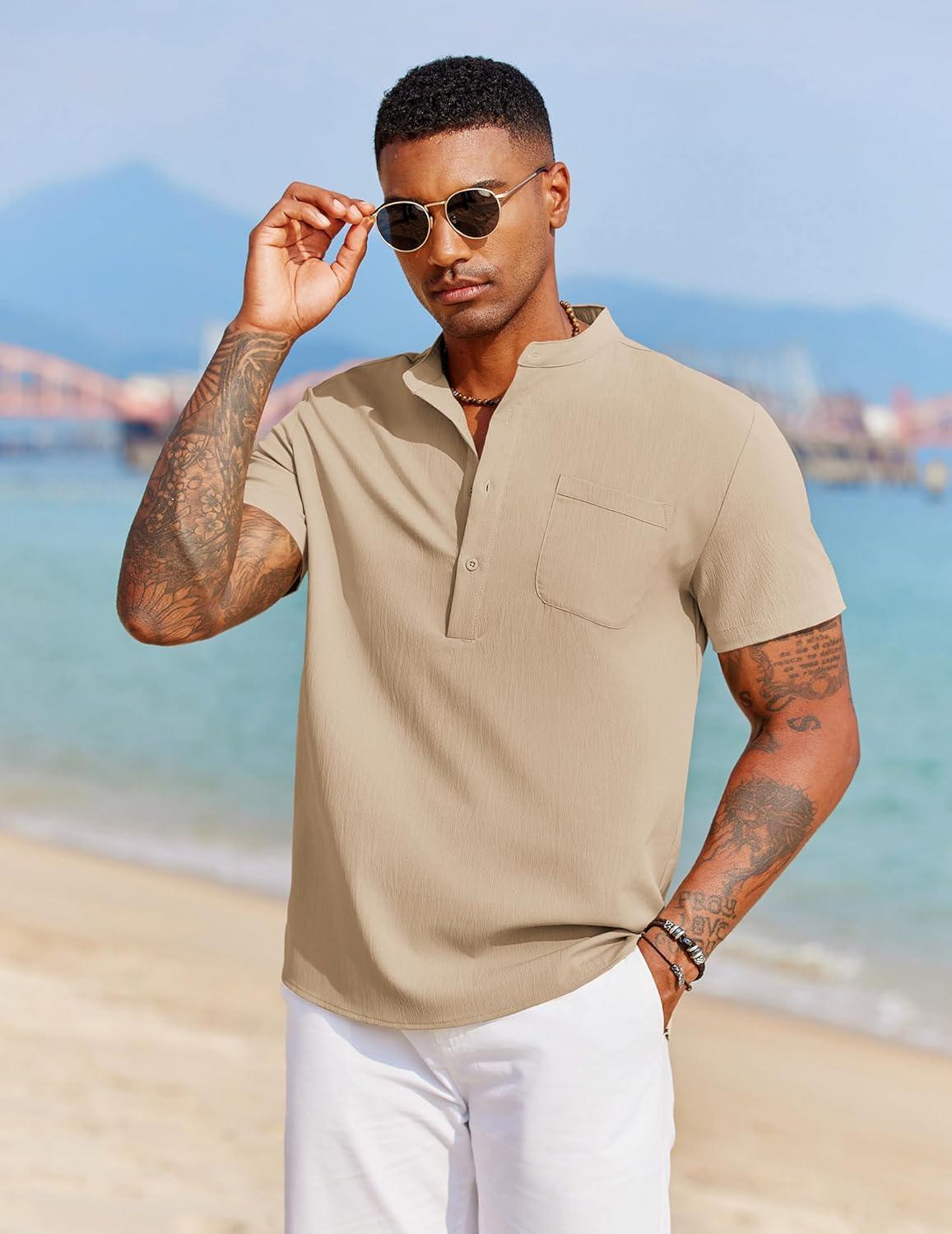 imageCOOFANDY Mens Casual Henley Shirt Short Sleeve Summer Beach Band Collar Shirt Hippie Henley TShirts with PocketMoon Grey