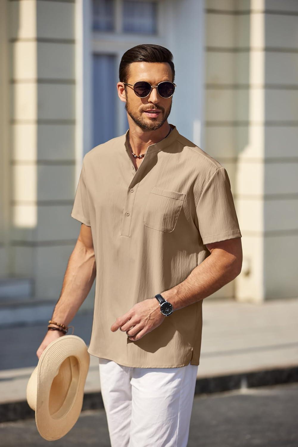 imageCOOFANDY Mens Casual Henley Shirt Short Sleeve Summer Beach Band Collar Shirt Hippie Henley TShirts with PocketMoon Grey