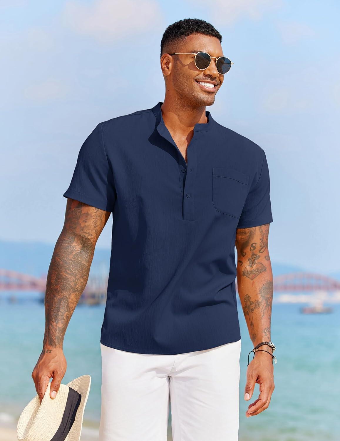 imageCOOFANDY Mens Casual Henley Shirt Short Sleeve Summer Beach Band Collar Shirt Hippie Henley TShirts with PocketNavy Blue