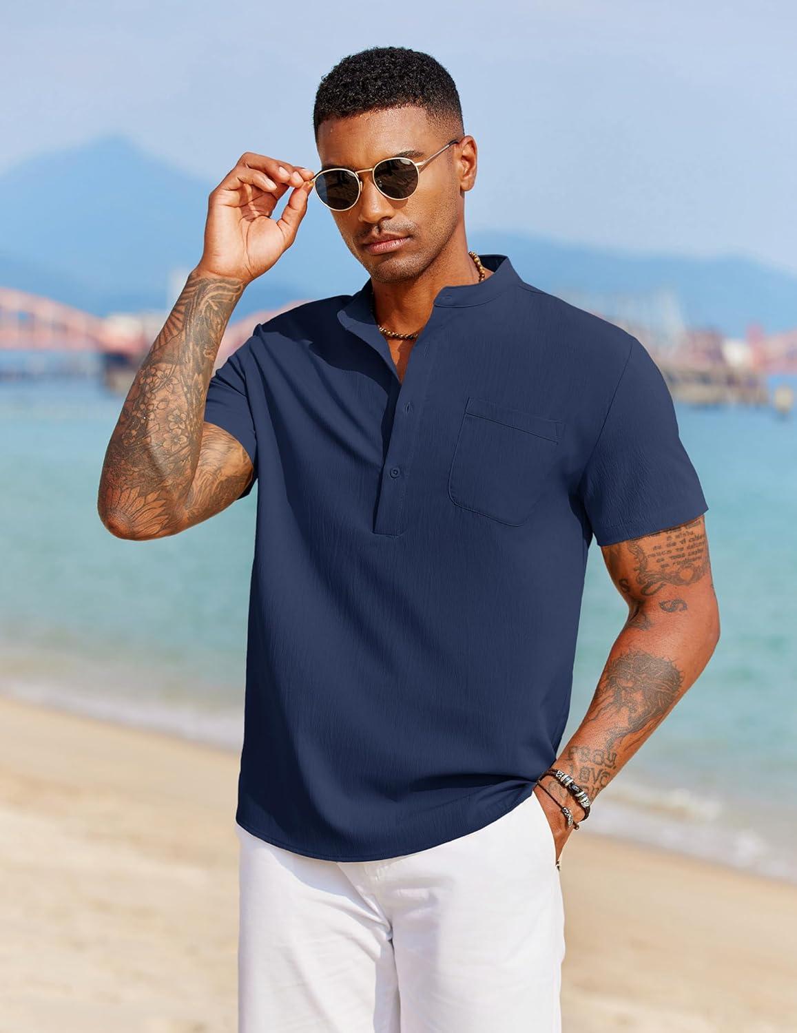 imageCOOFANDY Mens Casual Henley Shirt Short Sleeve Summer Beach Band Collar Shirt Hippie Henley TShirts with PocketNavy Blue