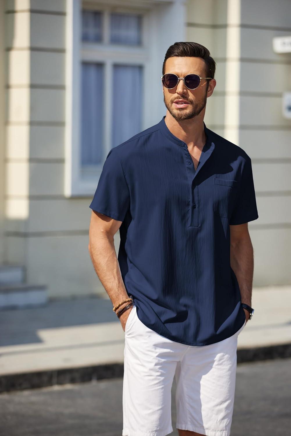 imageCOOFANDY Mens Casual Henley Shirt Short Sleeve Summer Beach Band Collar Shirt Hippie Henley TShirts with PocketNavy Blue