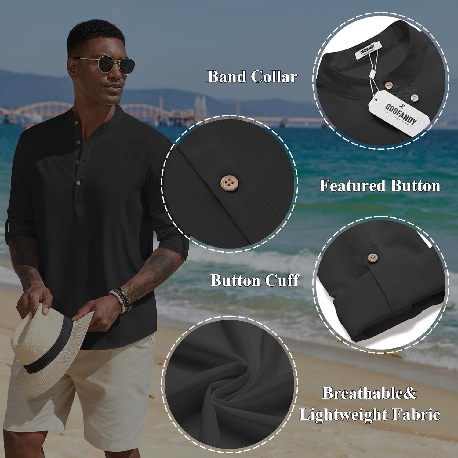 imageCOOFANDY Mens Casual Henley Shirts Long Sleeve Band Collar Lightweight Beach Shirts Summer TShirtsBlack
