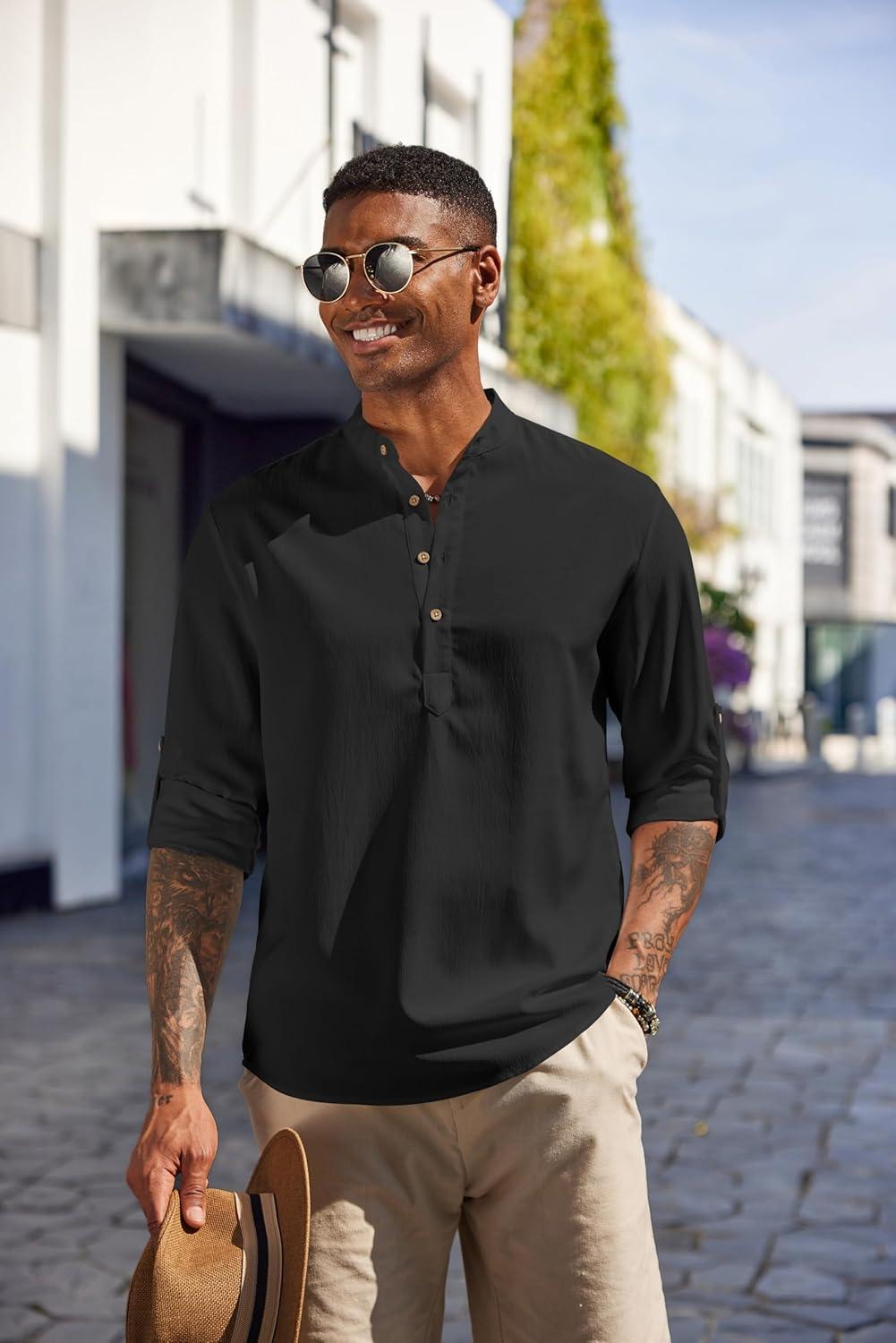imageCOOFANDY Mens Casual Henley Shirts Long Sleeve Band Collar Lightweight Beach Shirts Summer TShirtsBlack