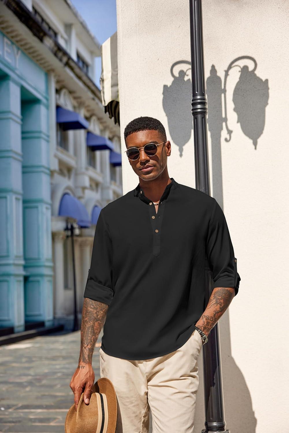 imageCOOFANDY Mens Casual Henley Shirts Long Sleeve Band Collar Lightweight Beach Shirts Summer TShirtsBlack