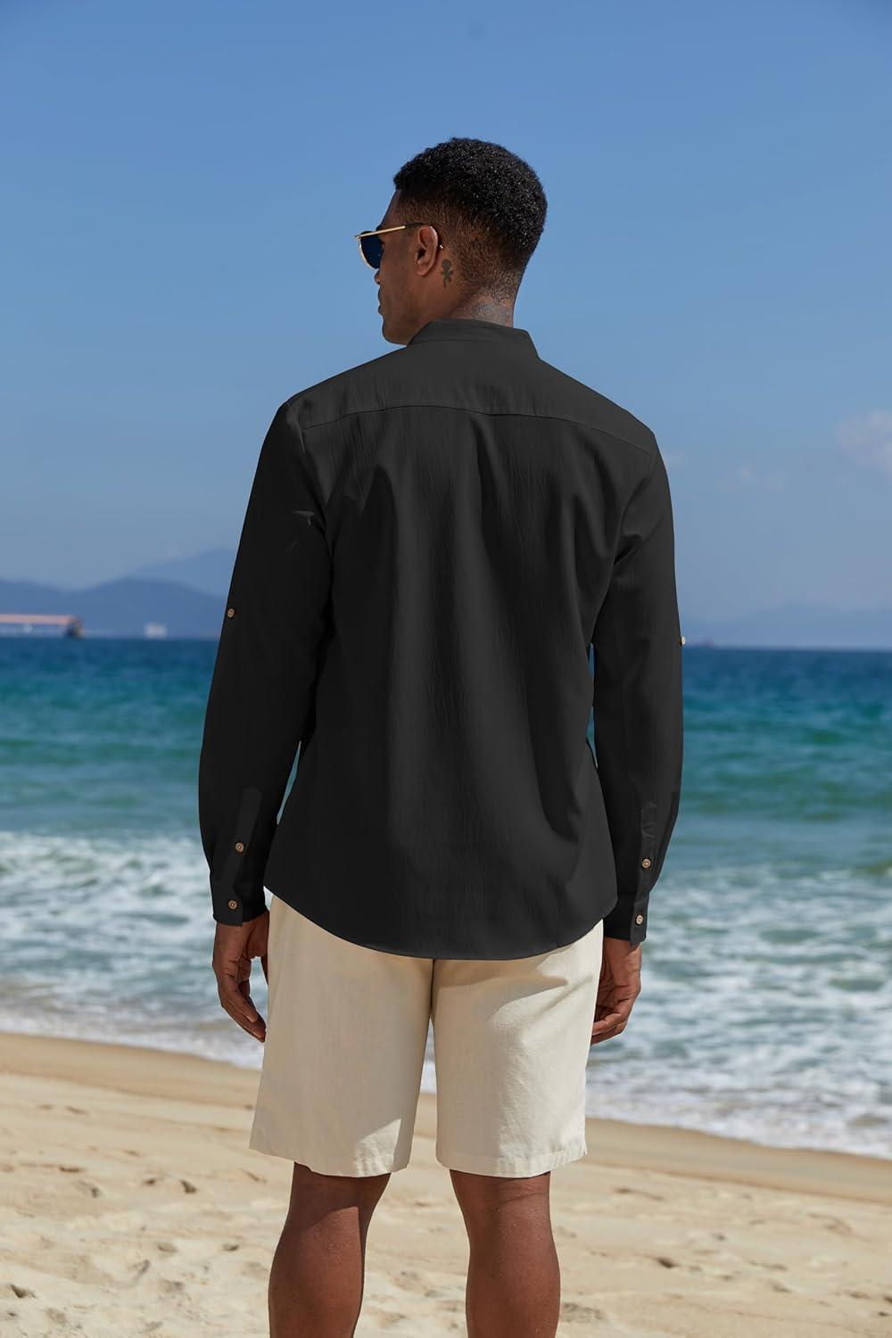 imageCOOFANDY Mens Casual Henley Shirts Long Sleeve Band Collar Lightweight Beach Shirts Summer TShirtsBlack