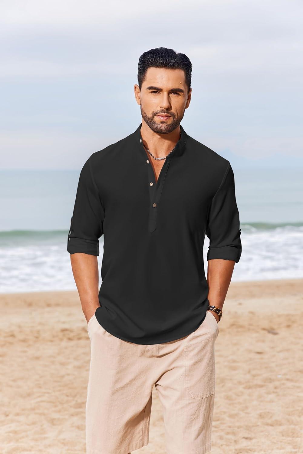 imageCOOFANDY Mens Casual Henley Shirts Long Sleeve Band Collar Lightweight Beach Shirts Summer TShirtsBlack