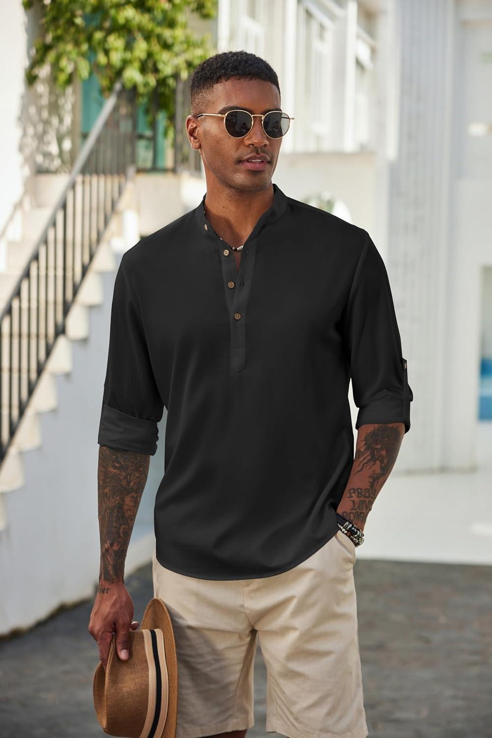 imageCOOFANDY Mens Casual Henley Shirts Long Sleeve Band Collar Lightweight Beach Shirts Summer TShirtsBlack