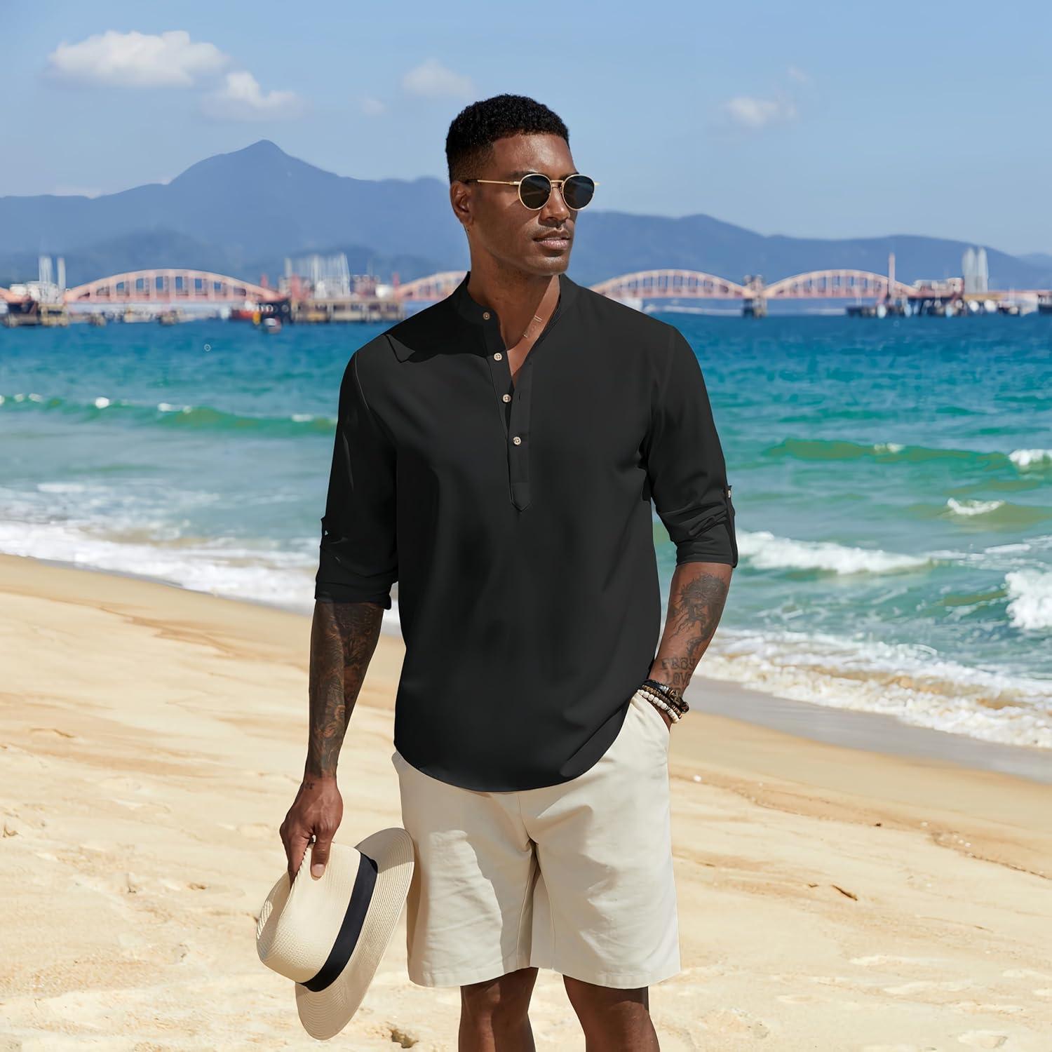 imageCOOFANDY Mens Casual Henley Shirts Long Sleeve Band Collar Lightweight Beach Shirts Summer TShirtsBlack