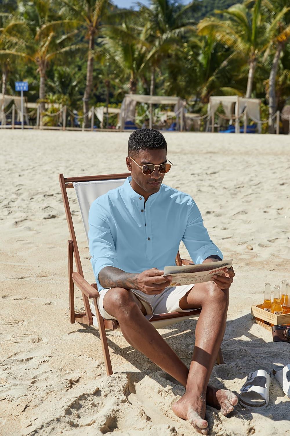 imageCOOFANDY Mens Casual Henley Shirts Long Sleeve Band Collar Lightweight Beach Shirts Summer TShirtsBlue