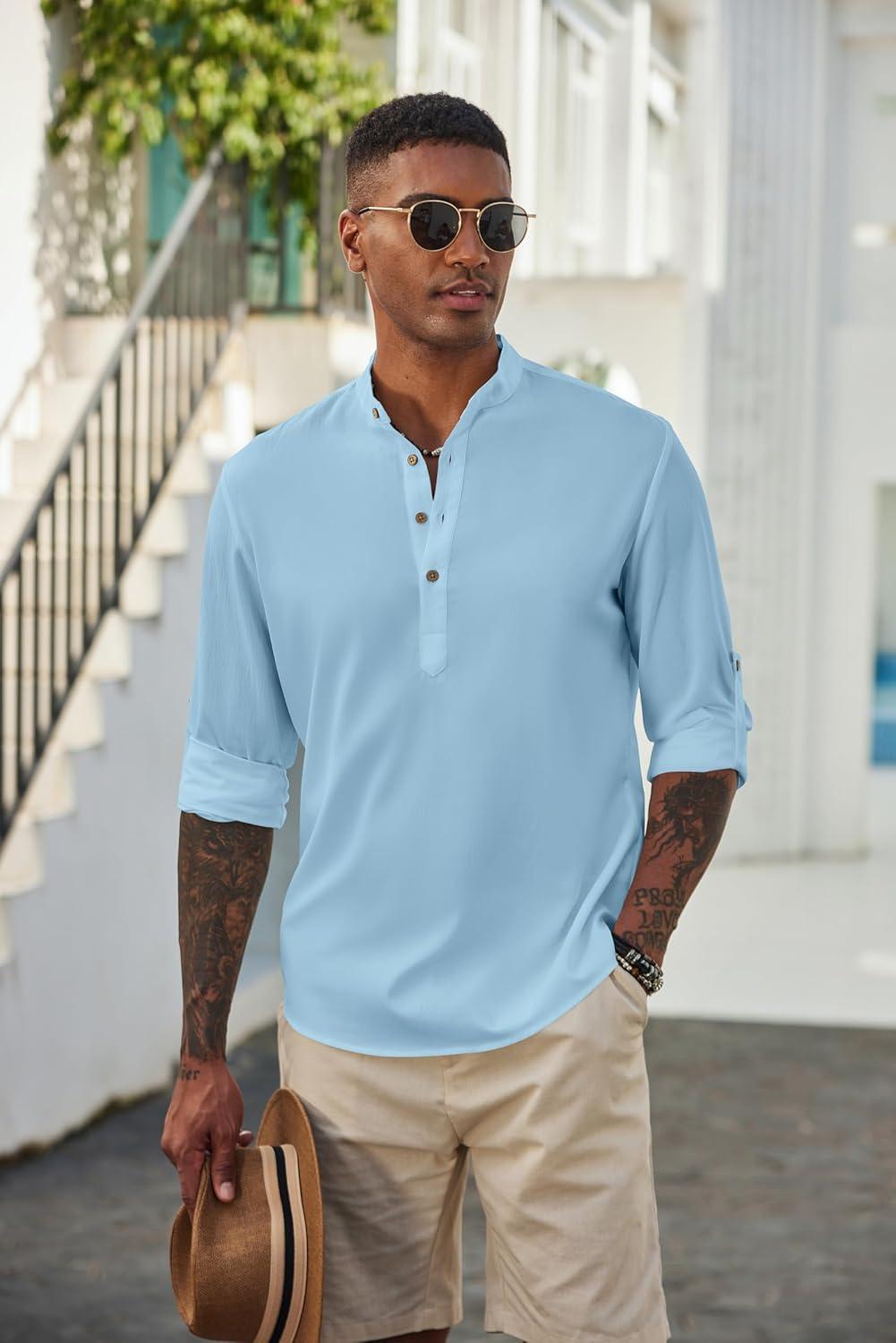 imageCOOFANDY Mens Casual Henley Shirts Long Sleeve Band Collar Lightweight Beach Shirts Summer TShirtsBlue