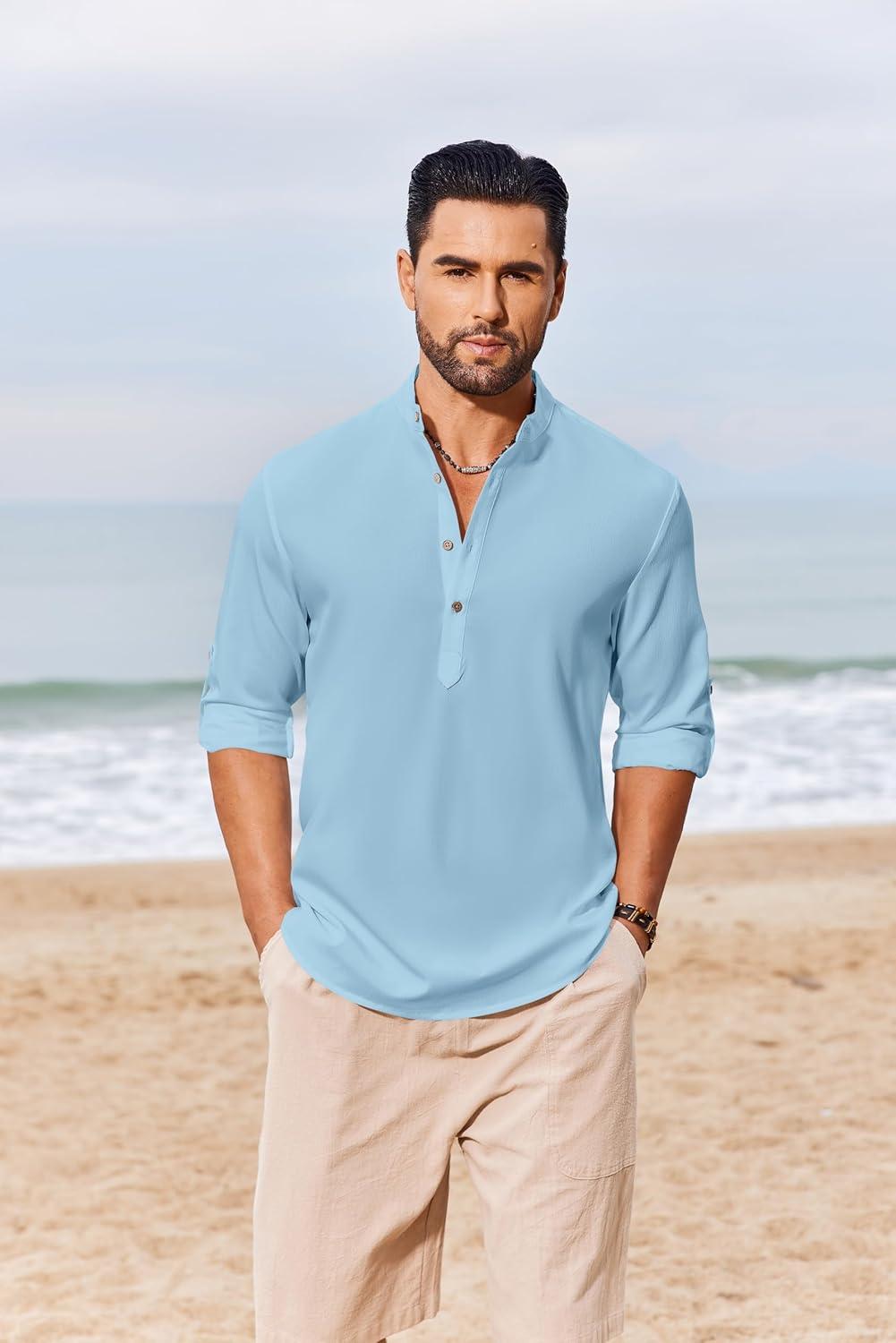 imageCOOFANDY Mens Casual Henley Shirts Long Sleeve Band Collar Lightweight Beach Shirts Summer TShirtsBlue