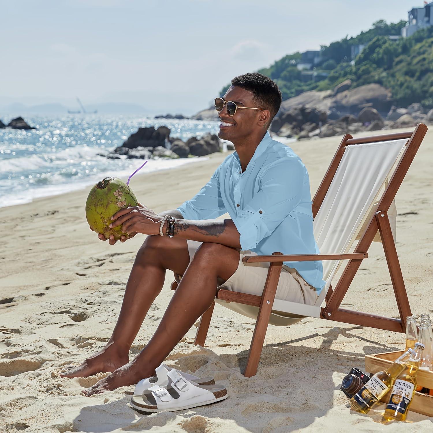 imageCOOFANDY Mens Casual Henley Shirts Long Sleeve Band Collar Lightweight Beach Shirts Summer TShirtsBlue