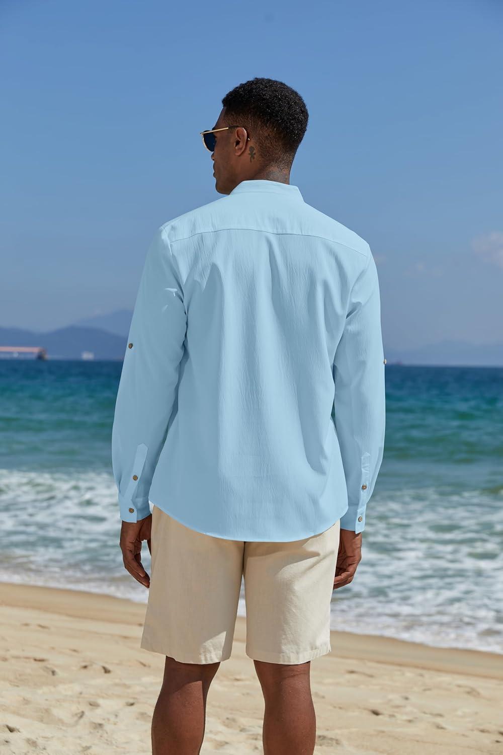 imageCOOFANDY Mens Casual Henley Shirts Long Sleeve Band Collar Lightweight Beach Shirts Summer TShirtsBlue