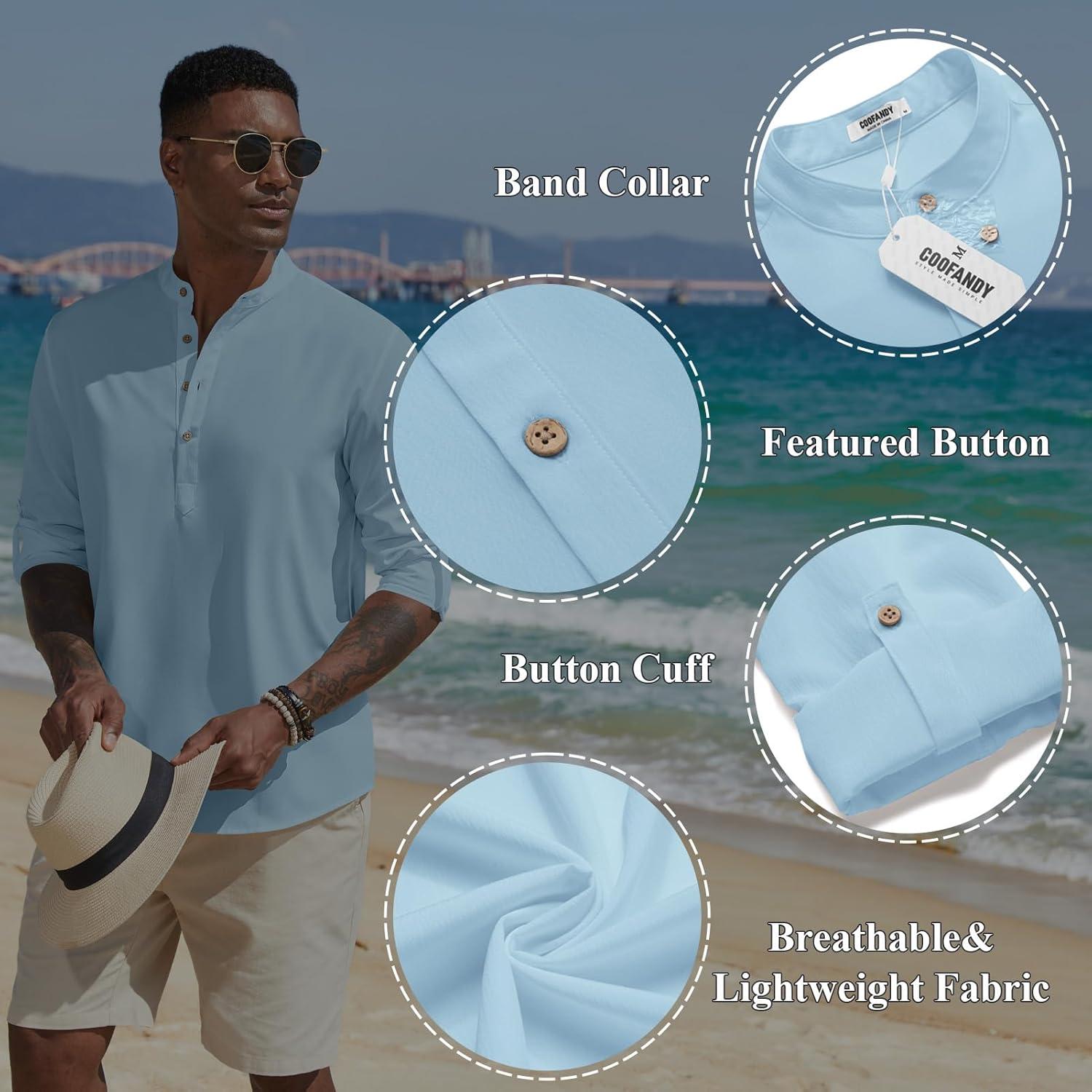 imageCOOFANDY Mens Casual Henley Shirts Long Sleeve Band Collar Lightweight Beach Shirts Summer TShirtsBlue