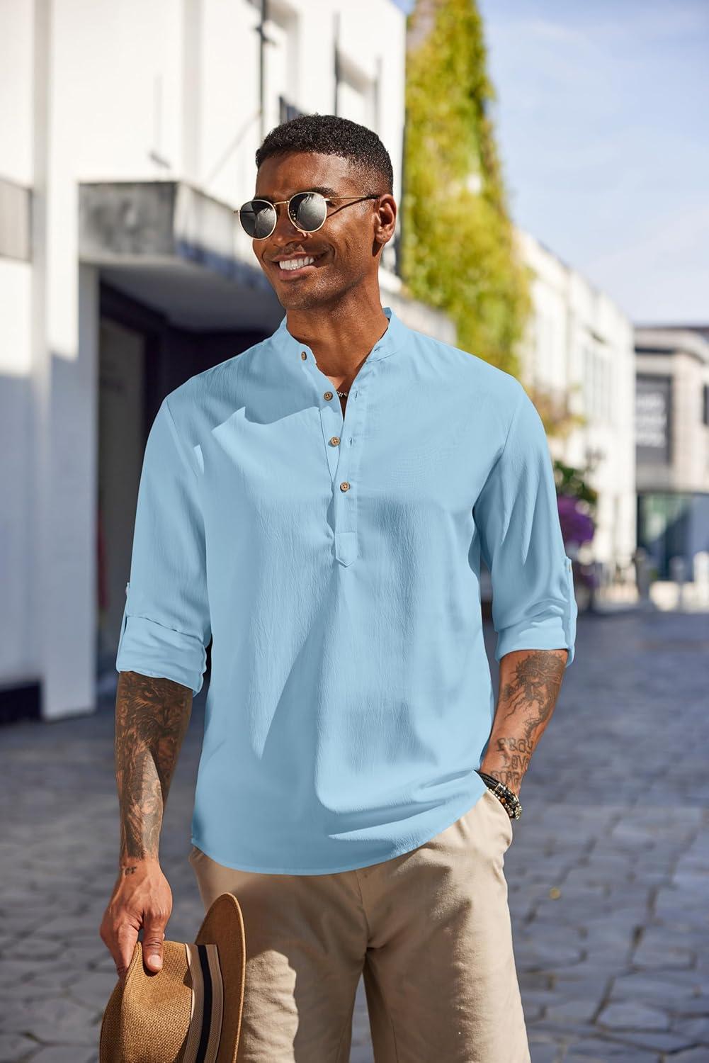 imageCOOFANDY Mens Casual Henley Shirts Long Sleeve Band Collar Lightweight Beach Shirts Summer TShirtsBlue
