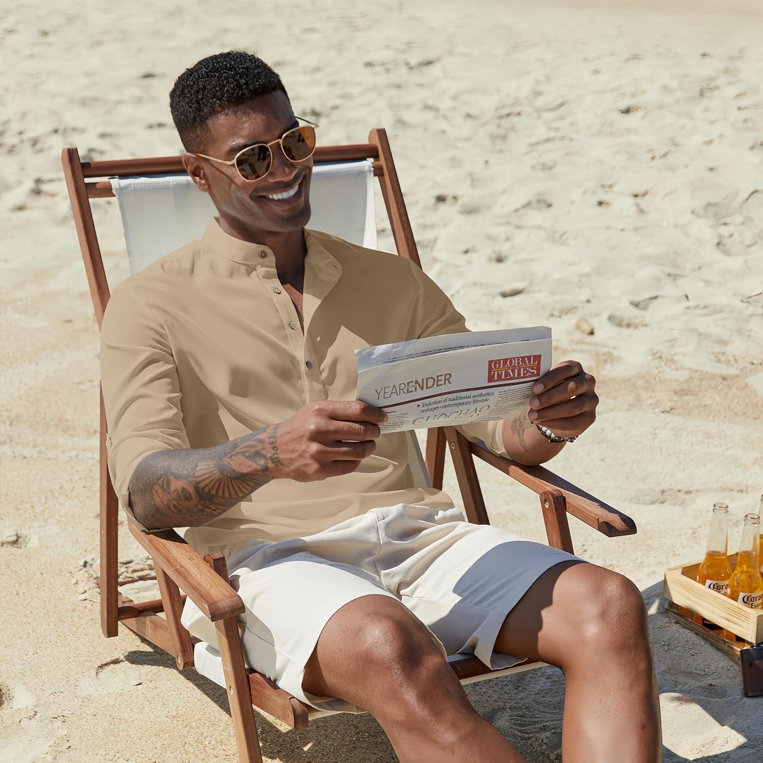 imageCOOFANDY Mens Casual Henley Shirts Long Sleeve Band Collar Lightweight Beach Shirts Summer TShirtsKhaki