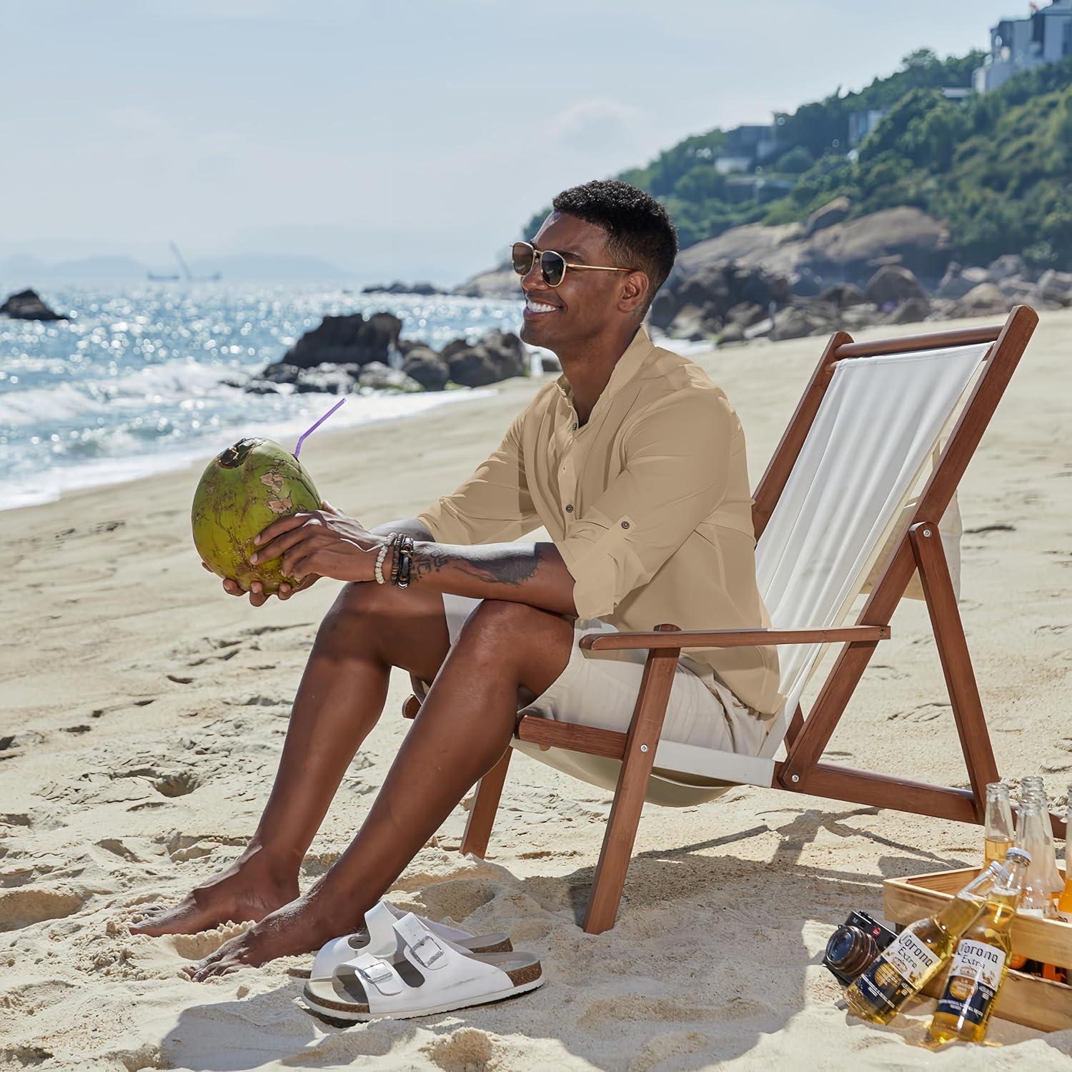 imageCOOFANDY Mens Casual Henley Shirts Long Sleeve Band Collar Lightweight Beach Shirts Summer TShirtsKhaki