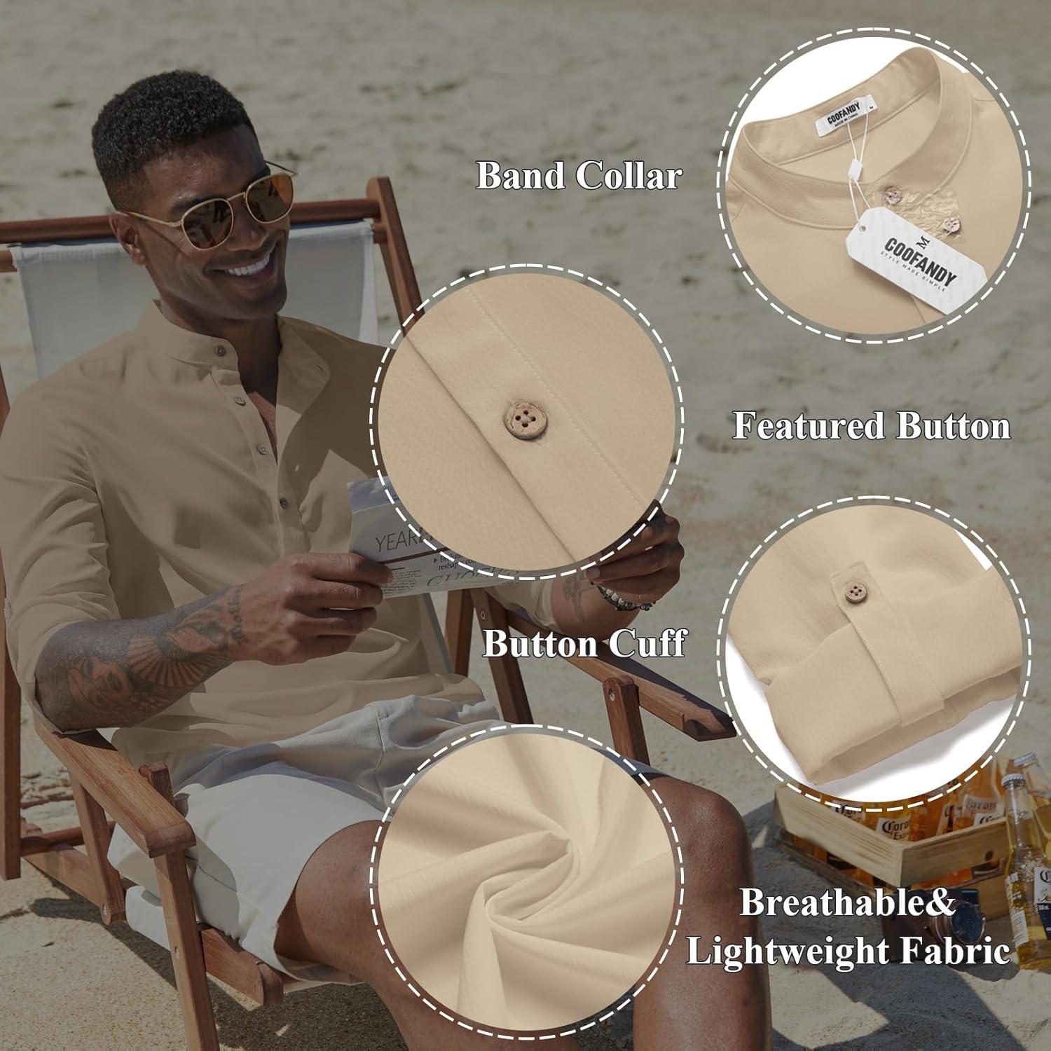 imageCOOFANDY Mens Casual Henley Shirts Long Sleeve Band Collar Lightweight Beach Shirts Summer TShirtsKhaki
