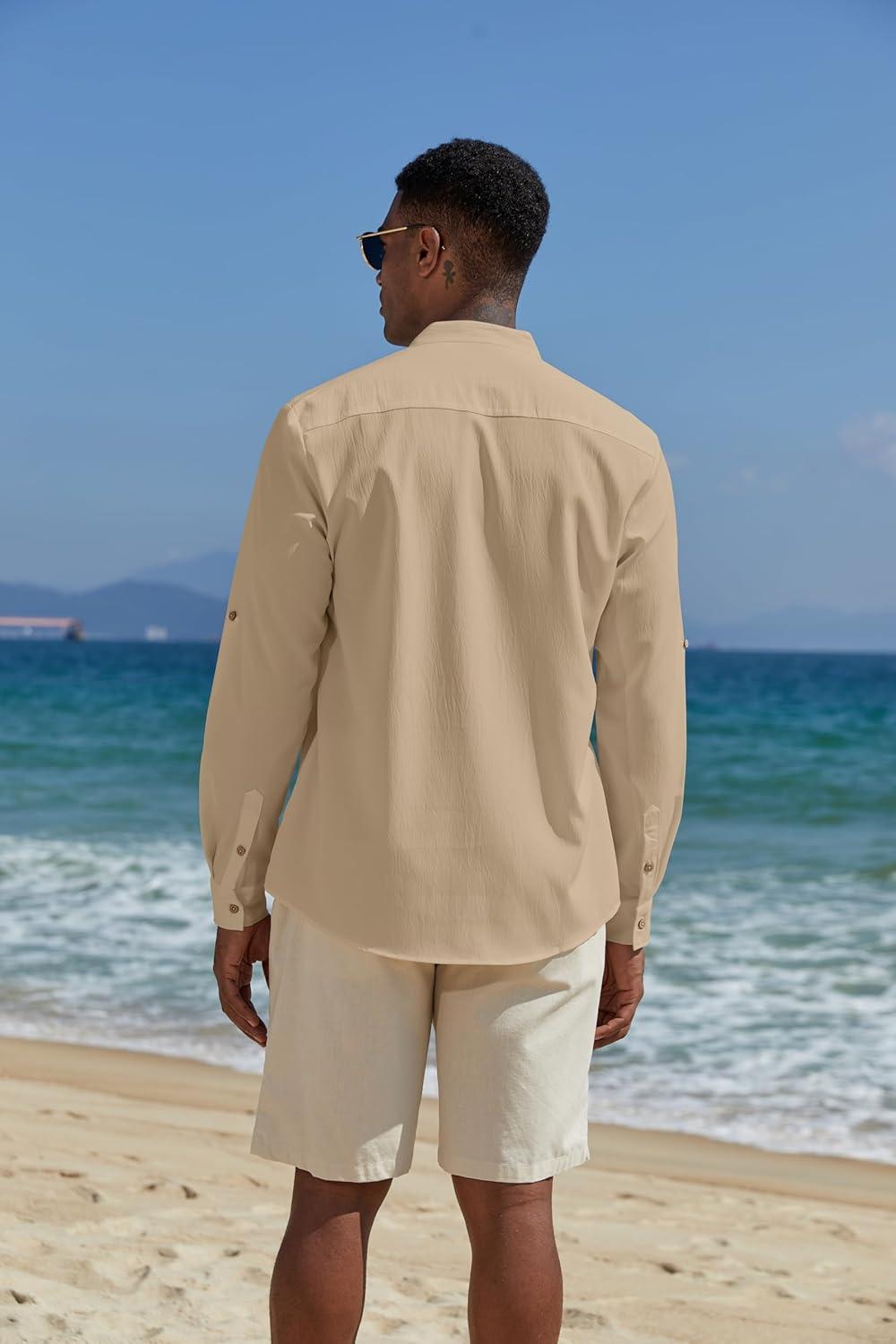 imageCOOFANDY Mens Casual Henley Shirts Long Sleeve Band Collar Lightweight Beach Shirts Summer TShirtsKhaki