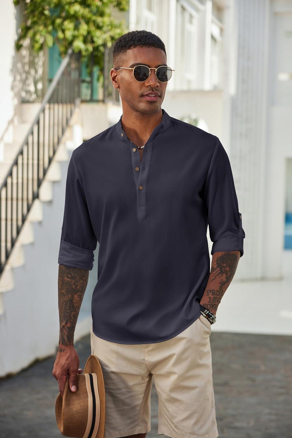 imageCOOFANDY Mens Casual Henley Shirts Long Sleeve Band Collar Lightweight Beach Shirts Summer TShirtsNavy Blue