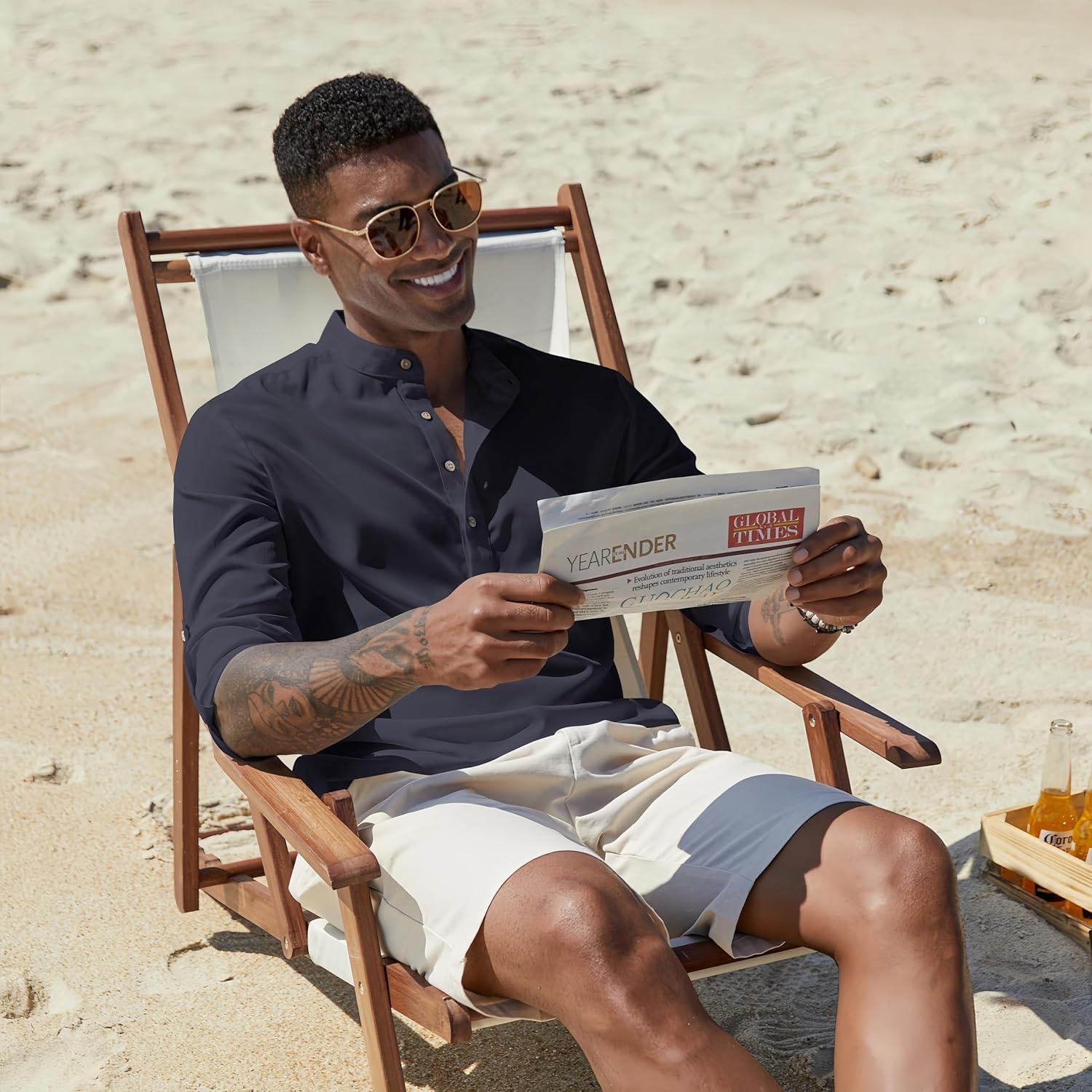 imageCOOFANDY Mens Casual Henley Shirts Long Sleeve Band Collar Lightweight Beach Shirts Summer TShirtsNavy Blue